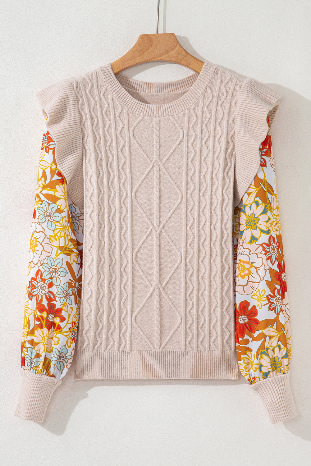Cable Knit Ruffle Detail Contrast Floral Sleeve Patchwork Sweater