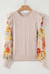 Cable Knit Ruffle Detail Contrast Floral Sleeve Patchwork Sweater