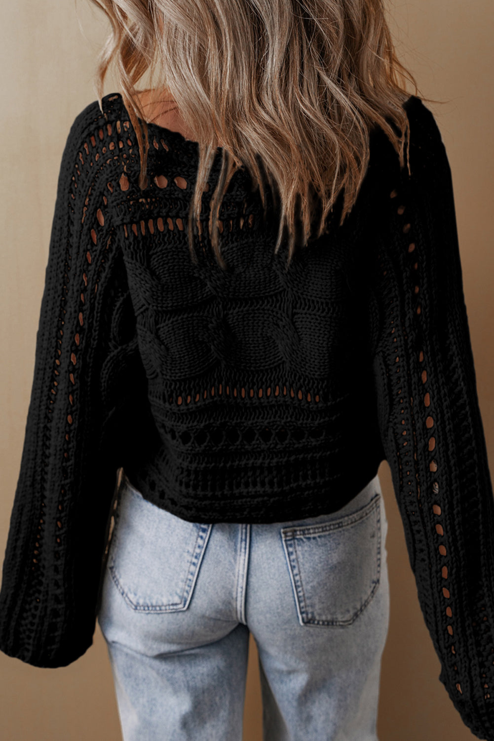 Blackish Green Hollow Out Cable Knit Cropped Sweater