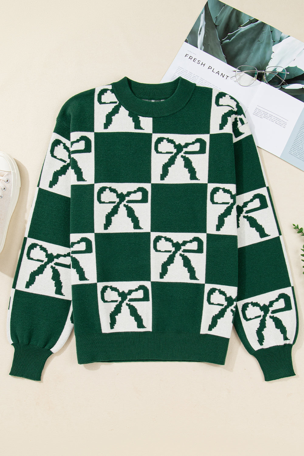 Green Bow Print Checkered Knit Sweater
