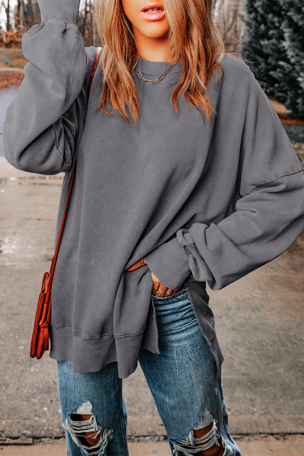 Pink Plain Drop Shoulder Ribbed Trim Oversized Sweatshirt