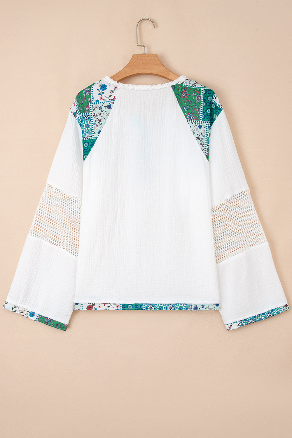 White Floral Mesh Patched Color Block Half Button Blouse