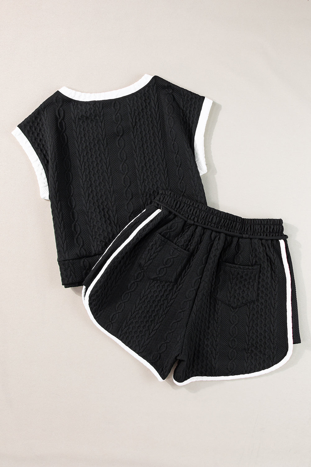 Black Textured Contrast Trim Tee & Drawstring Shorts Set