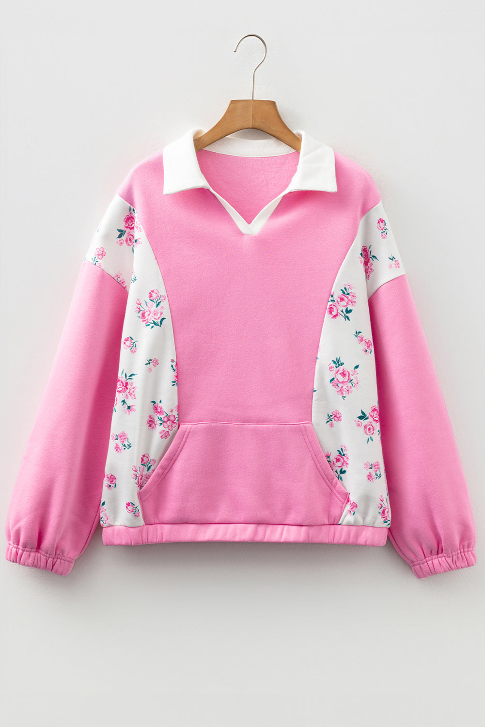 Colorblock Polo Collar Floral Patchwork Puff Sleeve Top