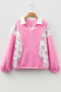 Colorblock Polo Collar Floral Patchwork Puff Sleeve Top