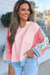 Light Pink Floral Colorblock Patchwork Chest Pocket Notched Neck Long Sleeve Top