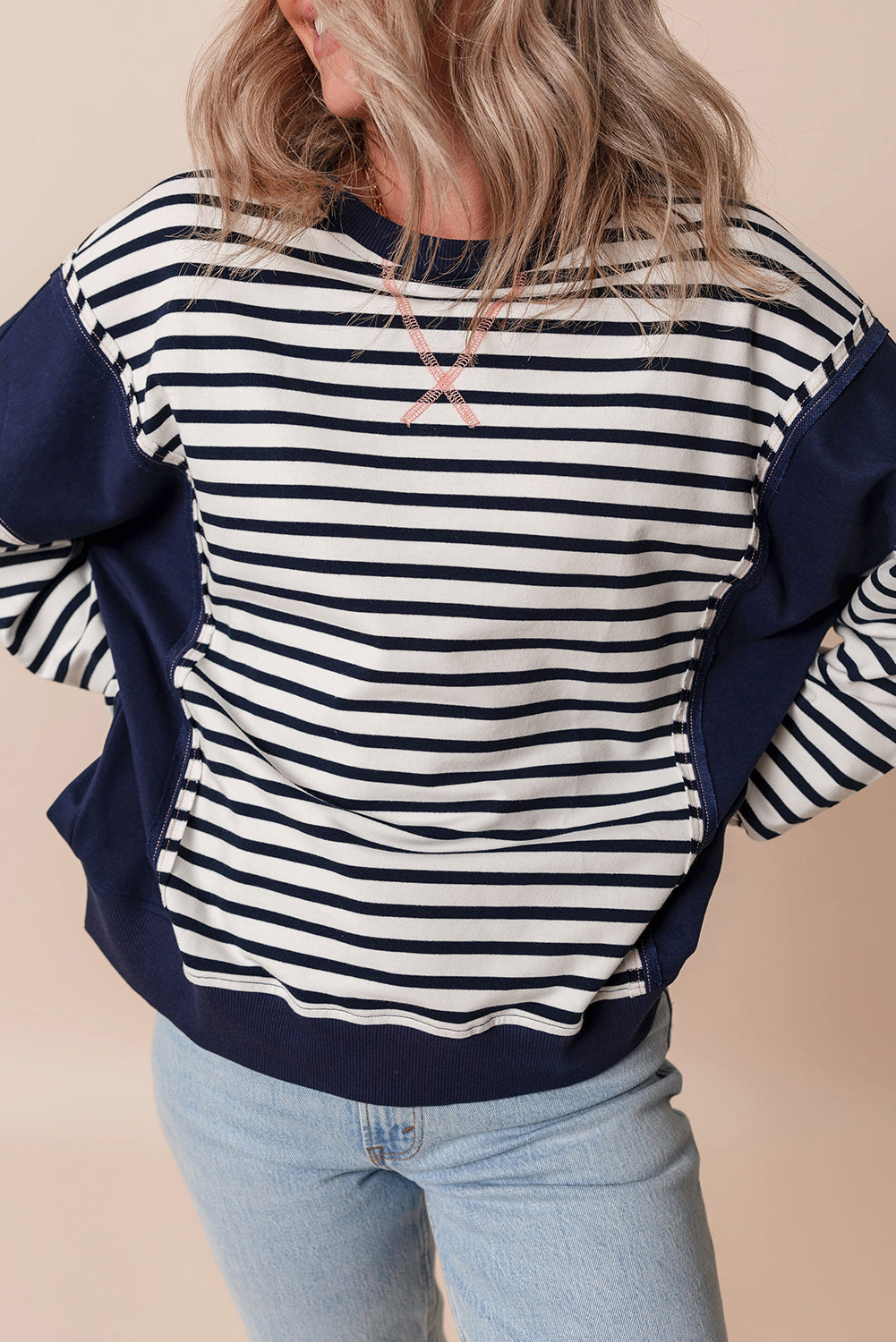 White Stripe Patchwork Exposed Seam Loose Fit Sweatshirt