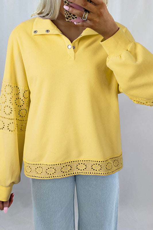 Floral Embroidered Patchwork Pullover with Snap Button Neckline