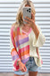 Pink Oversized Colorblock V Neck Hooded Sweater