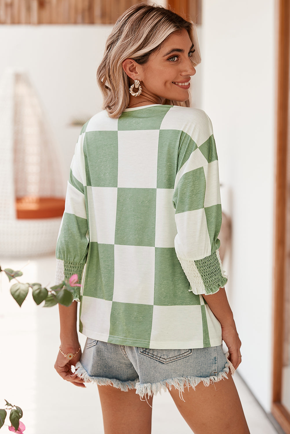 Grass Green Checkered Ruffle Smocked Cuffs Tee