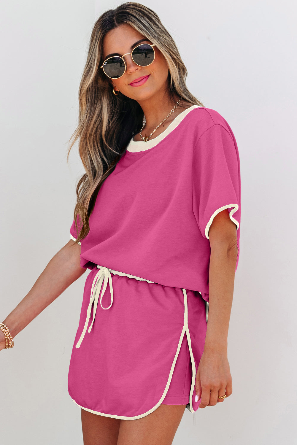 Rose Red Colorblock Edge Drop Shoulder T-Shirt and Skort Two Piece Set