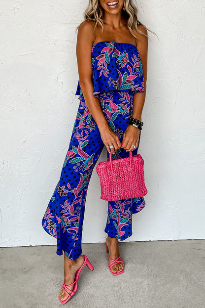 Green Mix Tropical Print Strapless Ruffle Jumpsuit