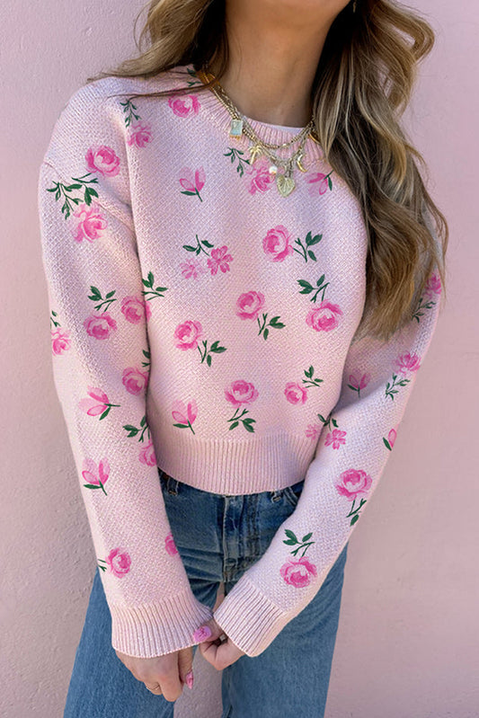 Sweet Floral Print Drop Shoulder Cropped Sweater