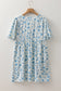 Blue Floral Puff Sleeve Mini Dress with Statement Bow