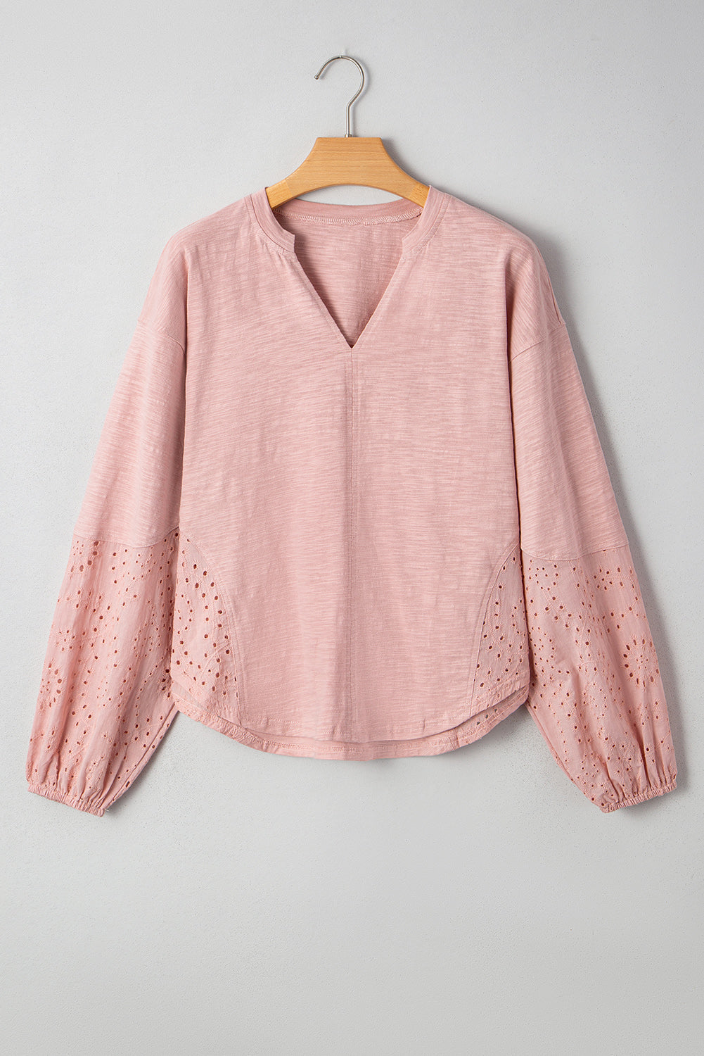 Light Pink Keyhole Notch V-Neck Batwing Sleeve Blouse