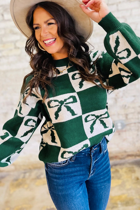 Green Bow Print Checkered Knit Sweater