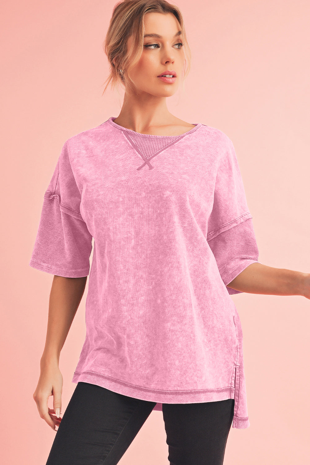 Orchid Petal Mineral Wash Exposed Seam Drop Shoulder Oversized Tee