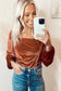 Clay Velvet Ribbed Texture Square Neck Slim Puff Sleeve Top