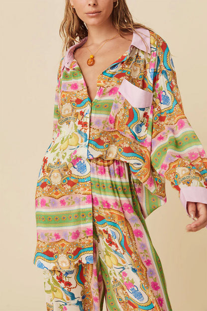 Multicolour Abstract Print Button Long Sleeve Shirt Dress