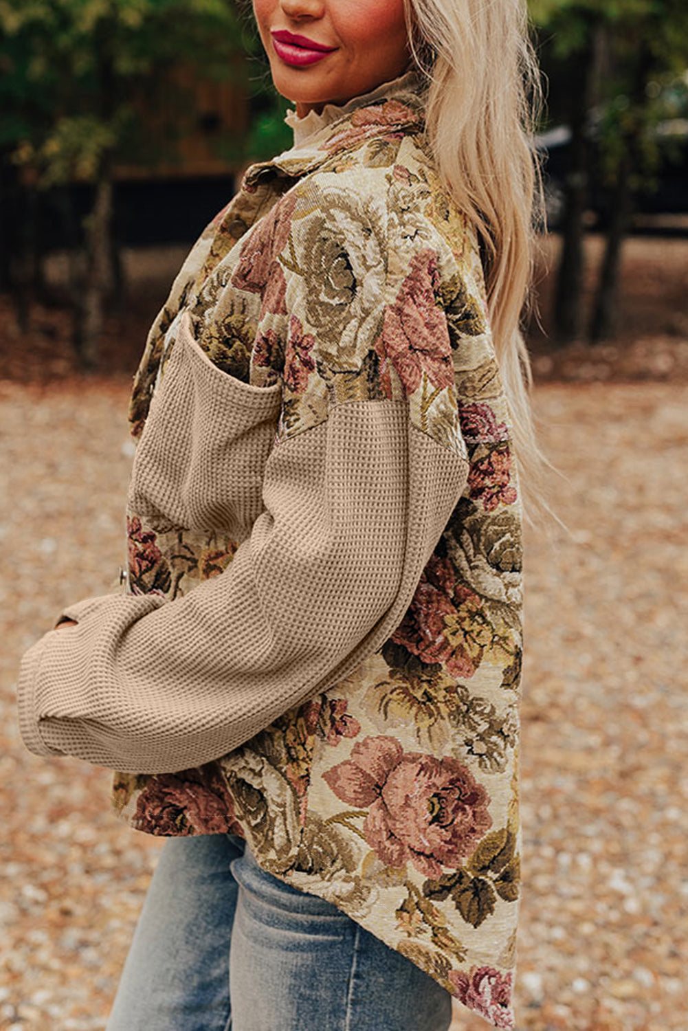 Floral Waffle Knit Patchwork Chest Pockets Buttoned Jacket
