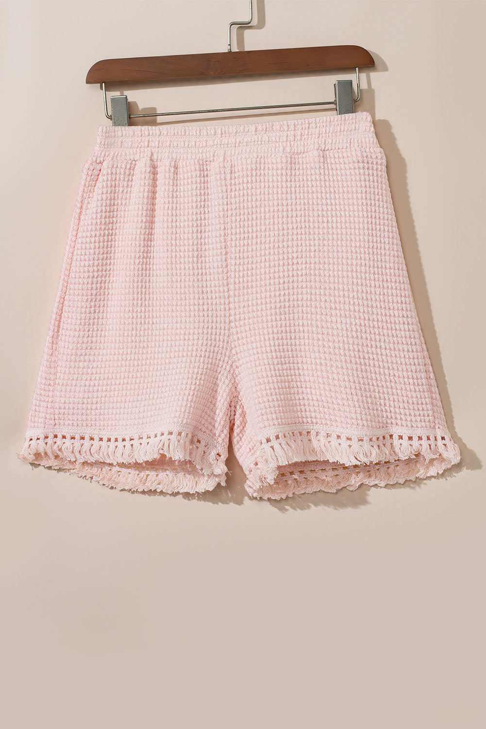 Pink Fringe Trim Waffle Knit Textured Shorts Set