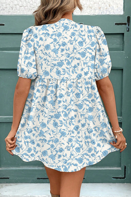 Blue Floral Puff Sleeve Mini Dress with Statement Bow