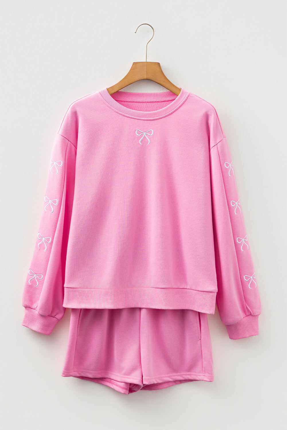 Pink Girly Bow Embroidered Detail Puff Sleeve Pullover Two Piece Short Set