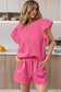 Pink Textured Ruffled Sleeve Tee and Drawstring Elastic Waistband Shorts Set