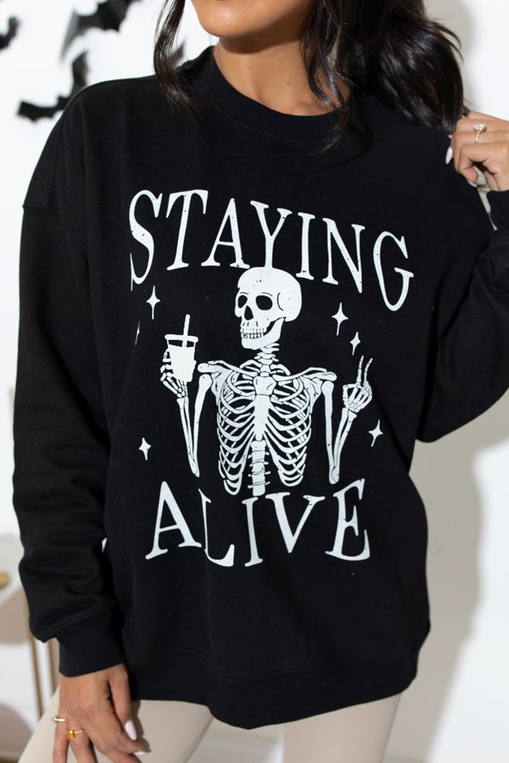 Black STAYING ALIVE Skull Graphic Crewneck Halloween Sweatshirt