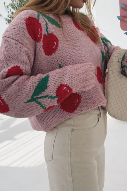 Cherry Print Round Neck Knit Sweater