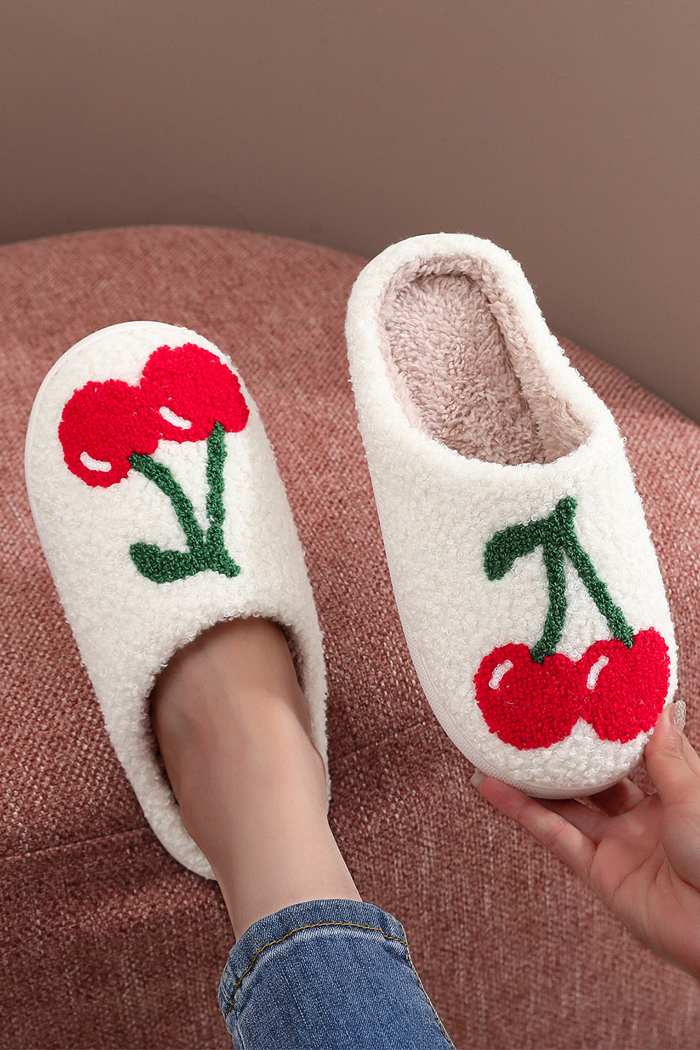 Cute Cherry Open Heel Plush Slippers