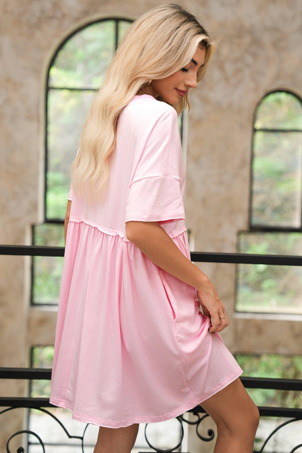 Raw Edge Pocketed Babydoll T-Shirt Dress – Pink