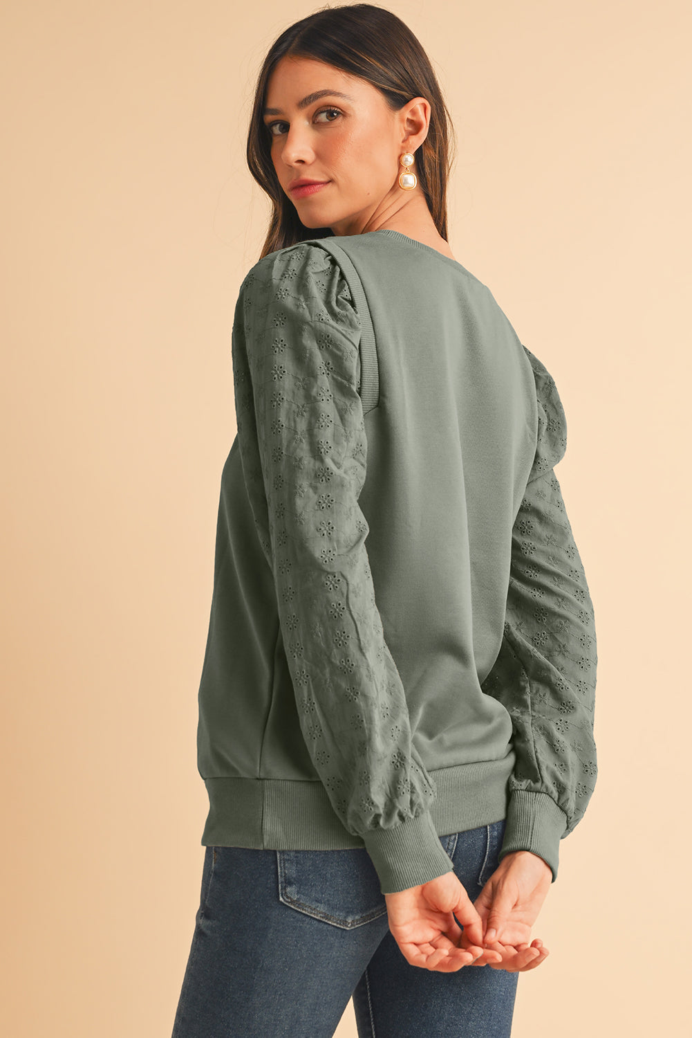 Black Eyelet Embroidered Patchwork Sleeve Ribbed Sweatshirt