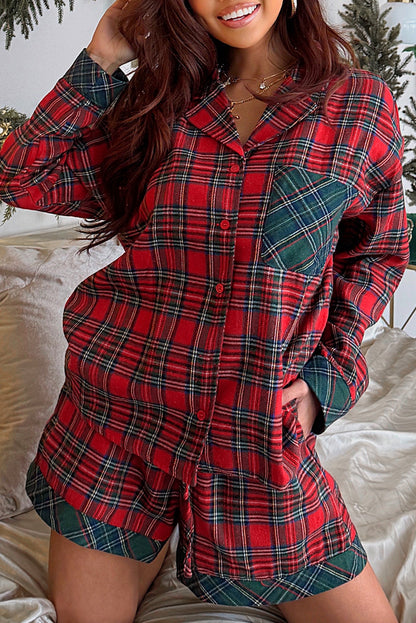 Red Plaid Christmas Holiday Long Sleeve Shirt and Shorts Pajama Set