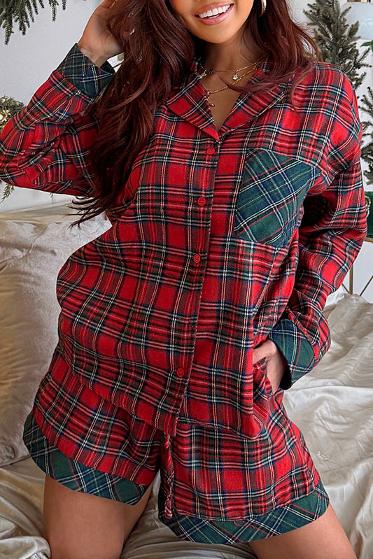 Red Plaid Christmas Holiday Long Sleeve Shirt and Shorts Pajama Set