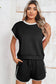 Black Textured Contrast Trim Tee & Drawstring Shorts Set