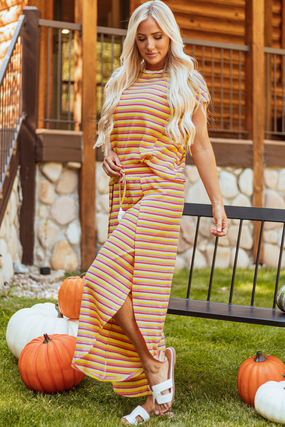 Stripe Rainbow Tee Tasseled String Wide Leg Pants Set