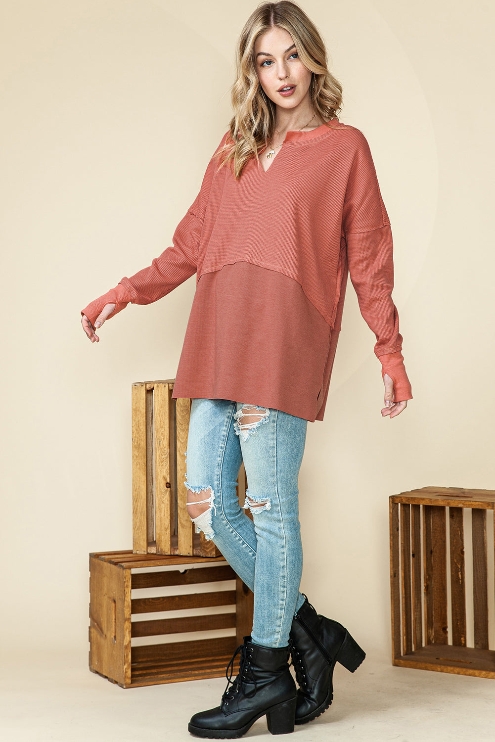 Mineral Red Waffle Knit Patchwork Exposed Seam Long Sleeve Top