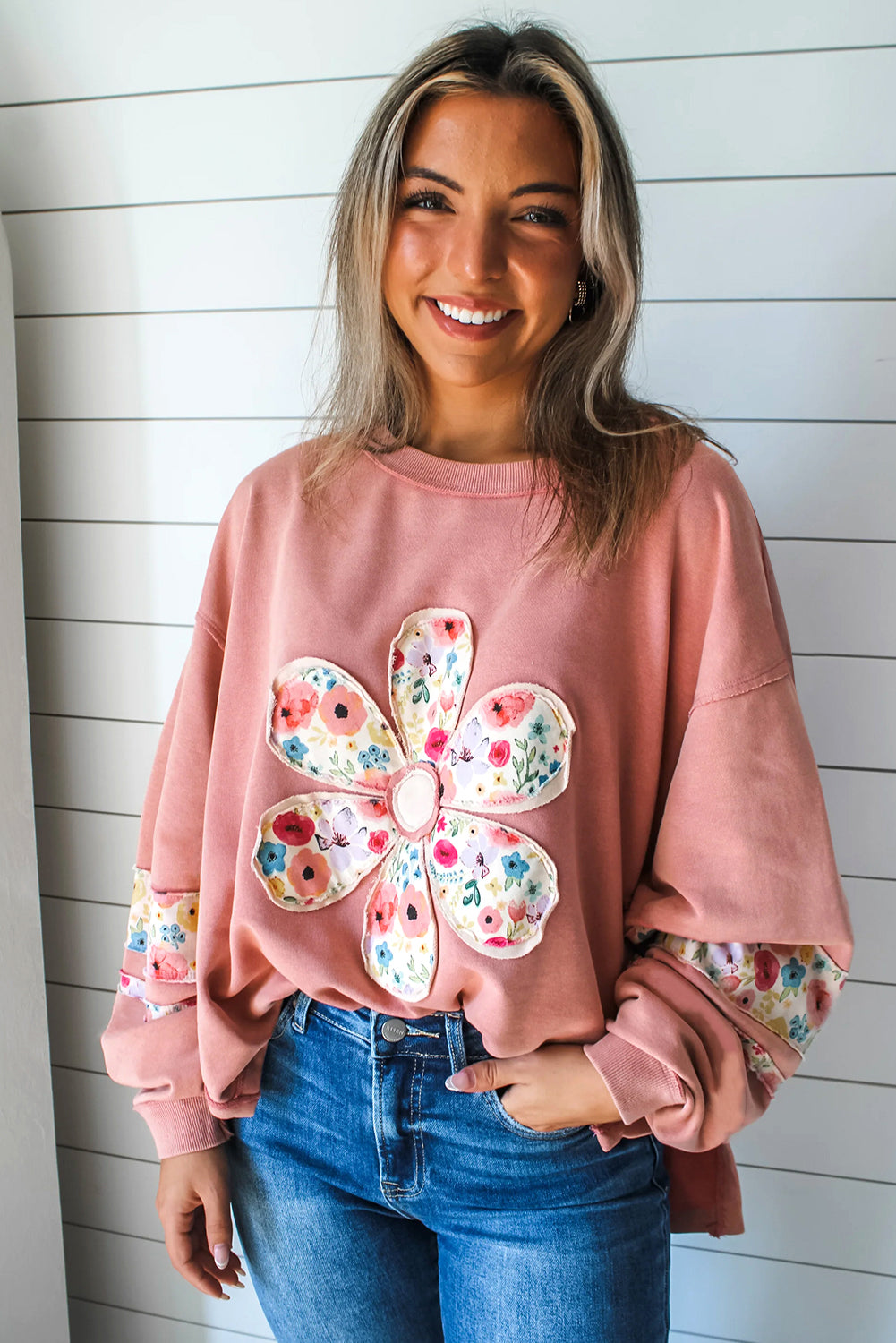 Peach Flower Applique Patchwork Drop Sleeve Pullover Sweatshirt