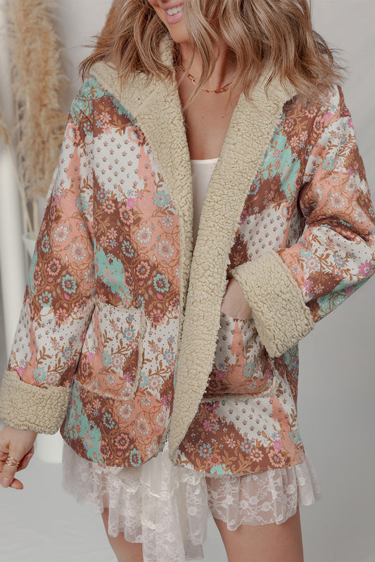 Vintage Floral Printed Sherpa Lined Hooded Jacket