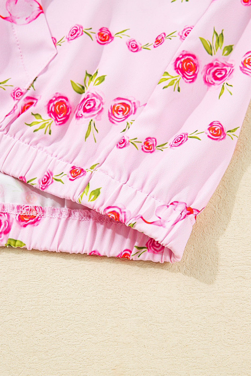 Pink Floral Print Half Zip Drawstring Hoodie