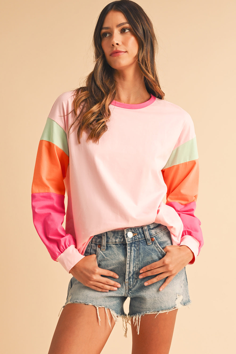 Rose Red Color Block Sleeve Loose Fit Top