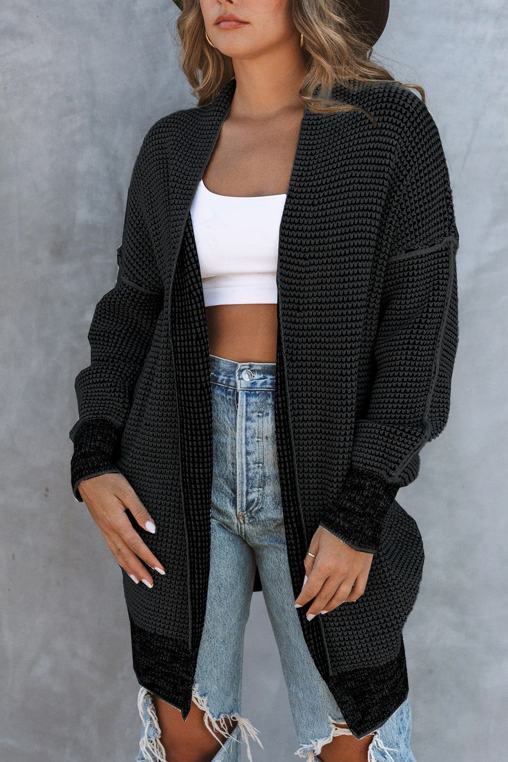 Rose Plaid Contrast Trim Casual Knit Long Cardigan