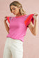 Bright Pink Contrast Sleeve Striped Round Neck Knitted Tee