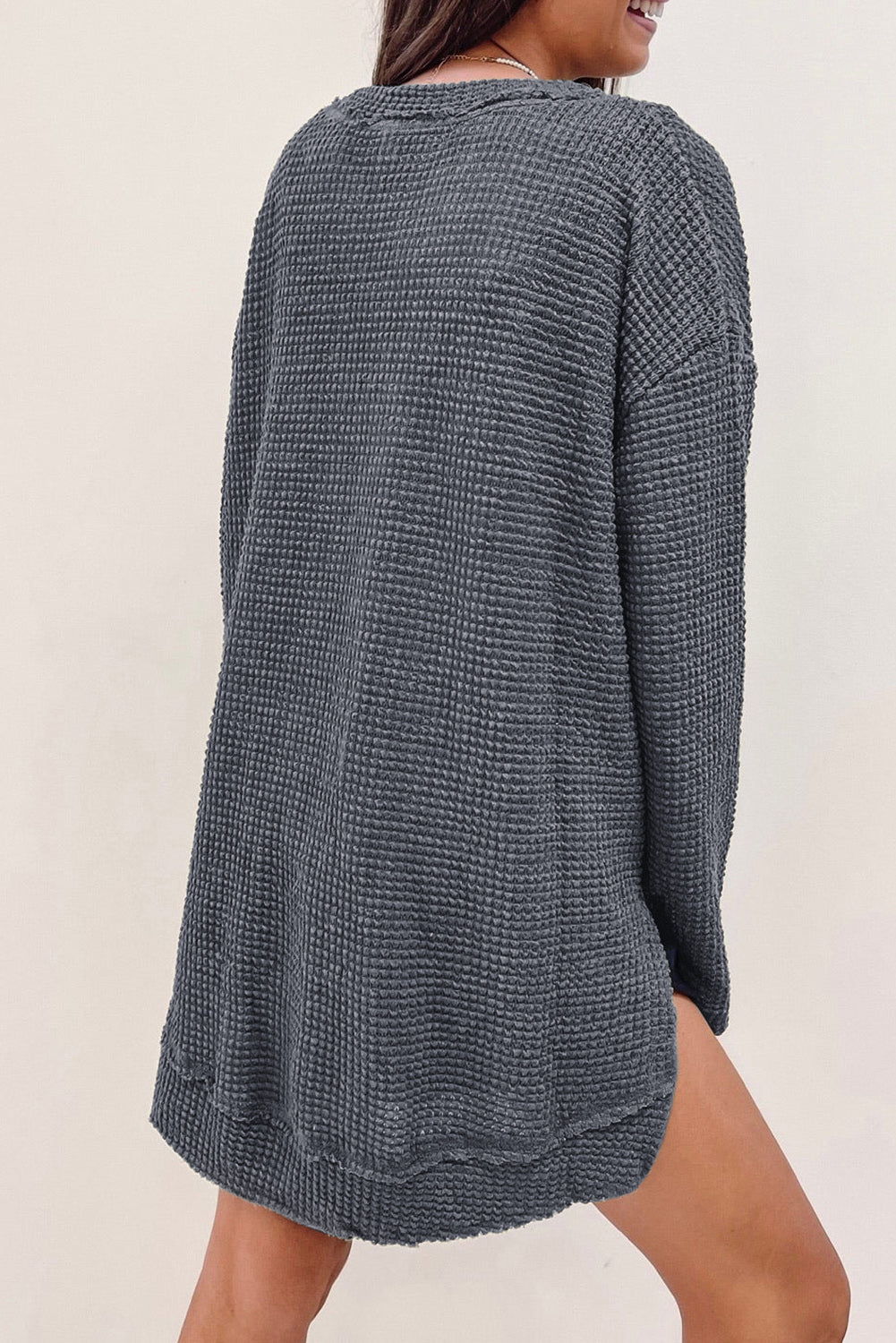 Black Plain Waffle Knit Drop Sleeve Side Slits Oversized Top