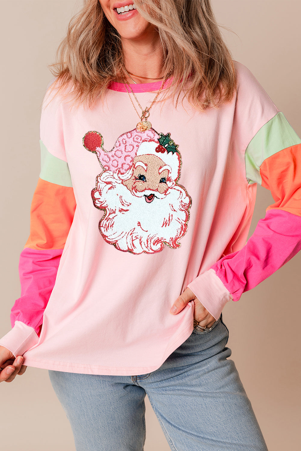 Pink Casual Colorblock Santa Claus Graphic Sweatshirt