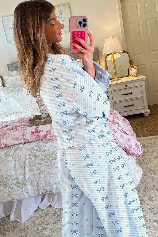 Sky Blue Stripe Bow Star Print Tied Detail Two Piece Lounge Set