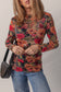 Multicolor Floral Print Lettuce Trim Long Sleeve Mesh Top