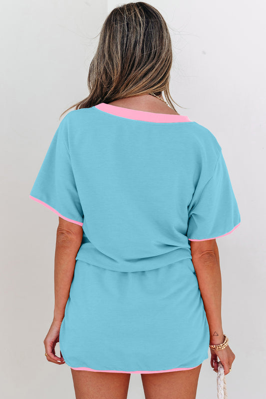 Turquoise Colorblock Edge Drop Shoulder T-Shirt and Skort Two Piece Set