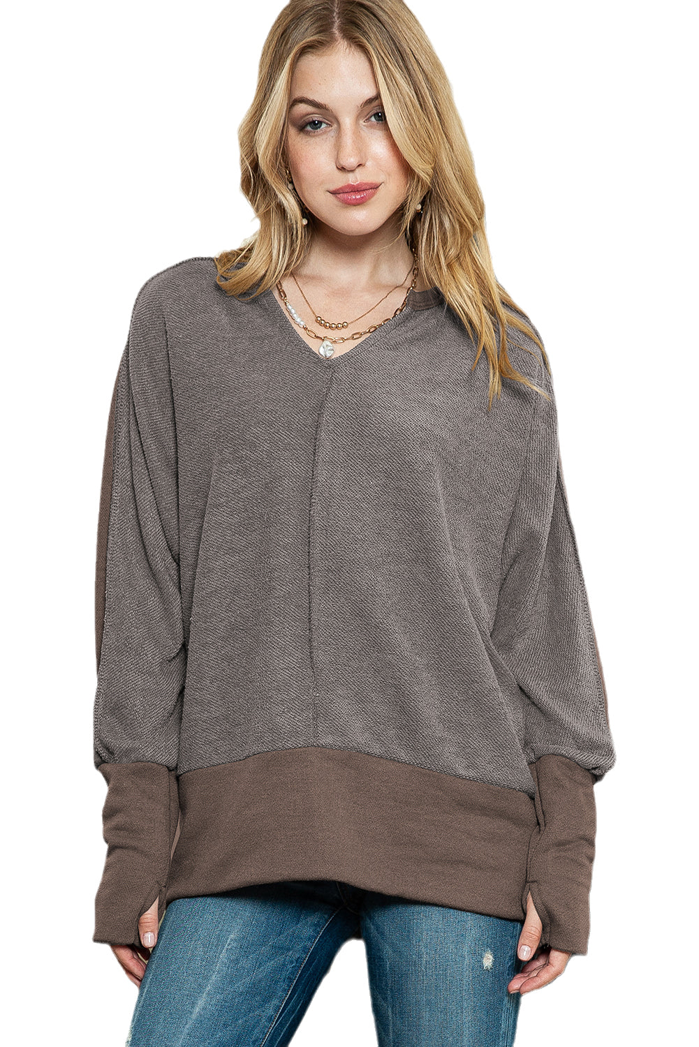 Brown Patchwork Split V Neck Thumblehole Sleeve Top